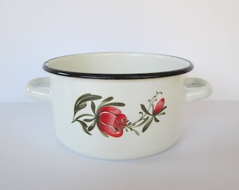 White & Red Pink Floral Enamelware Sauce Pot Pan