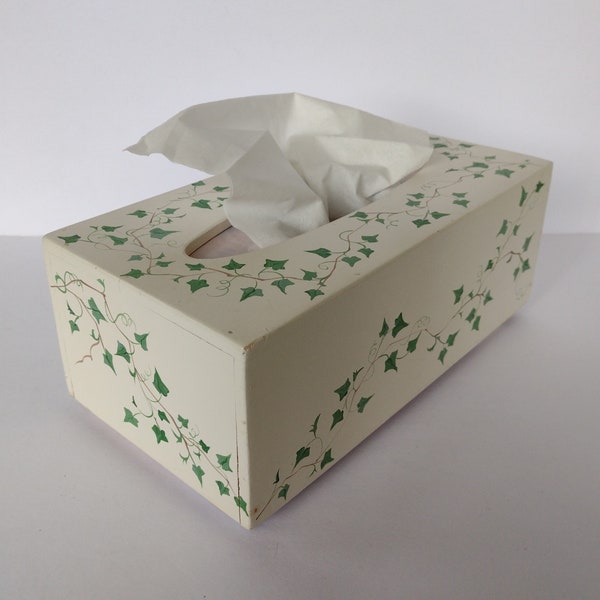 Hand Painted Wood Tissue Box - Green Ivy on White