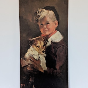 May include: Vintage portrait painting of a young child holding a small dog. The child has blonde hair and is wearing a dark coat with a white collar. The dog has brown and white fur. The painting has a dark background.