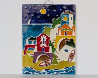 Keramisk konstplatte - Väggdekoration i medelhavsstil med kustby i italiensk stil - Creazioni Luciano