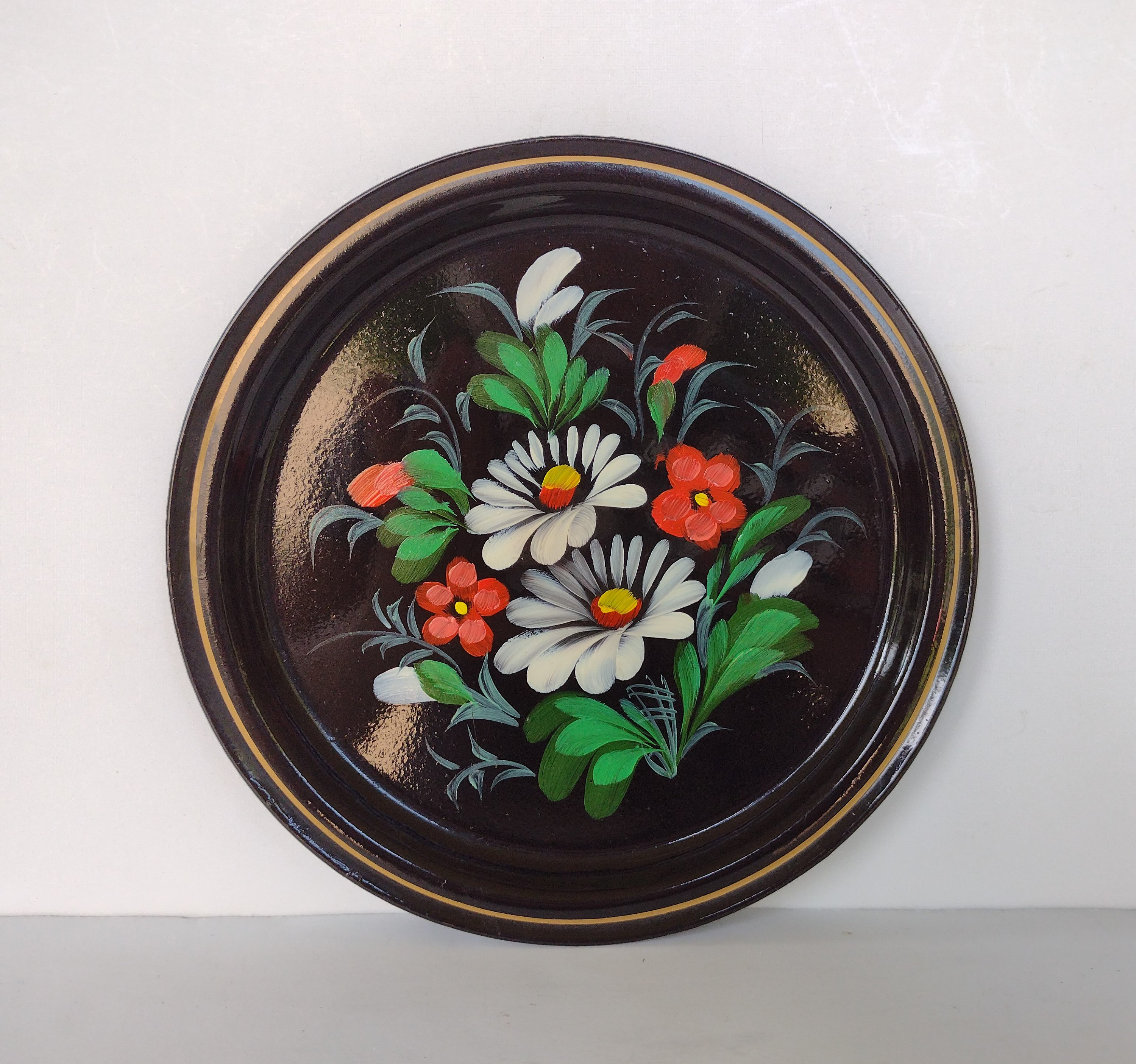 Petit Plateau Russe En Métal émaillé – Peint Main Motif Fleur Rouge – Double Signature