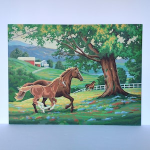 Original Vintage Horses in the Countryside Paint by Number Picture Painting  18"X 24"