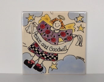 Peace and Goodwill Angel Ceramic Art Tile Trivet Wall Decor by N. Deyoung - Christmas Decor