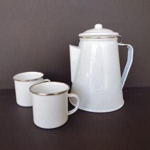 White Speckled Enamelware Coffee Pot with Two Cups