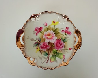 Lovely Hand Painted Floral Gold Trim Low Dish Bowl