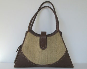 Brown Leather Natural Woven Satchel Handbag