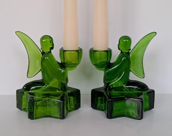 L.E. Smith Green Glass Angel Candleholder Set - 2 candle holders - Vintage 1920's