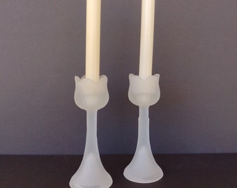 Vintage Frosted Satin Glass Tulip Candle Holders - Set of 2