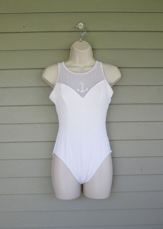 Cute Jantzen One Piece Womens White Nautical High Neck Swimsuit Size S Etsy Canada