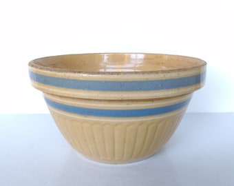 Old Ribbed Yelloware 9 1/2&quot; Mixing Bowl with Blue and White Bands