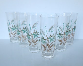 Turquoise Floral Wheat Tall Tumbler Drinking Glasses -  Set of 6