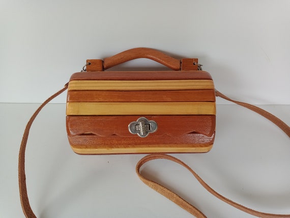 Boxy Wood Slat Shoulder Crossbody Bag Top Handle … - image 1