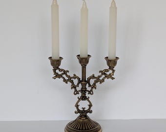 Lovely Brass Small Ornate Candelabra Candleholder - holds 3 candles - 2 available