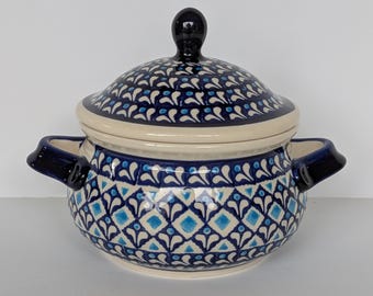Polish Pottery Bean Soup Pot Bowl - Blue Diamond Pattern - Hand Made in Boleslawiec Poland - marked