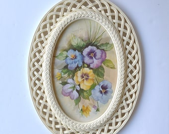 Lovely Oval Floral Pansies Picture Wall Decor - Faux White Wicker