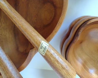 Never Used Vintage Genuine Monkey Pod Wood Salad Bowl Set of
