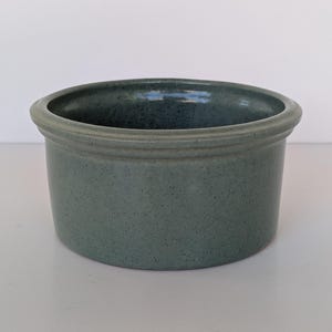 Puede incluir: Un cuenco redondo de cerámica moteada de color verde azulado. El cuenco tiene un borde ligeramente ensanchado con una sutil banda decorativa en relieve. El interior del cuenco es de un tono verde azulado más oscuro. El cuenco está sobre una superficie blanca.