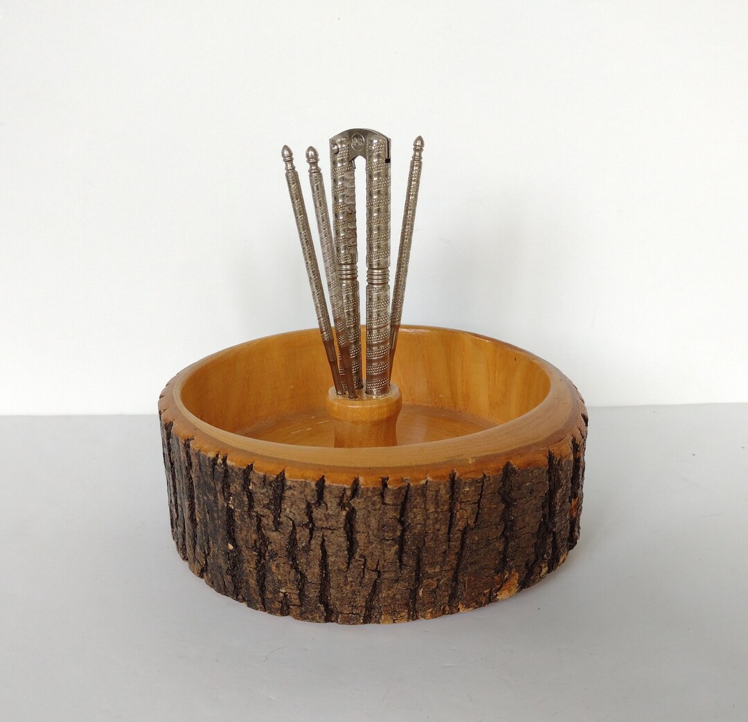 Rustic Natural Wood Nut Bowl With Nutcracker & Picks Etsy