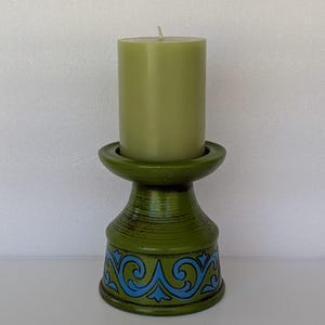 Ceramic Pillar Candleholder - Avocado Green & Blue - Vintage 60s or 70s