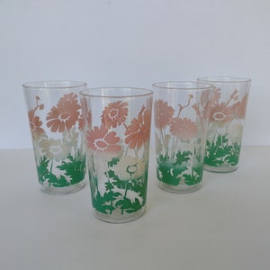 Mid Century Pink Green & White Floral Glass Set - Hazel Atlas