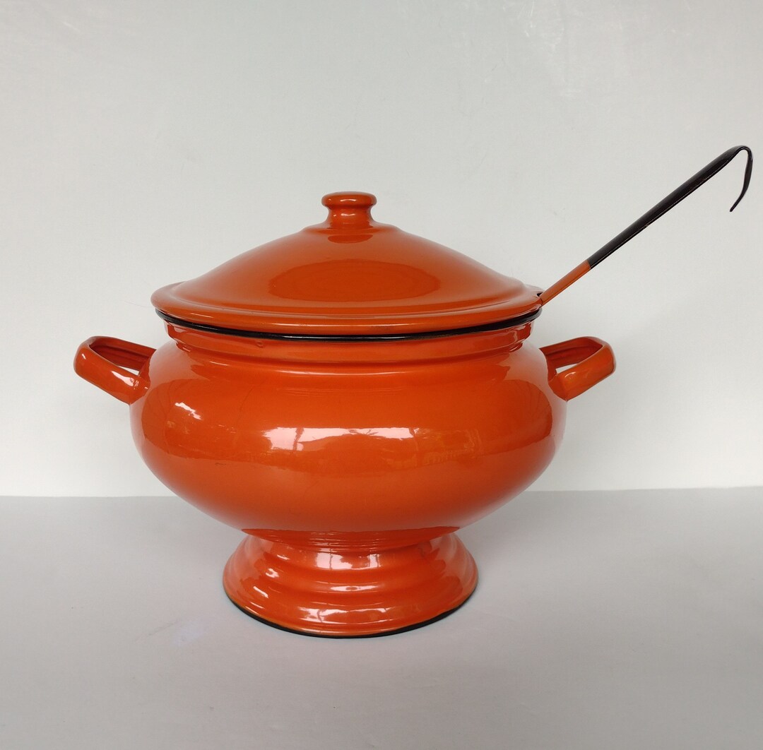 Orange Enamelware Soup Tureen With Ladle 2 1/2 Quart Etsy