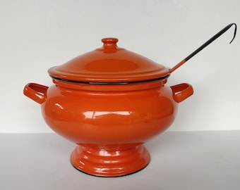 Orange Enamelware Soup Tureen with Ladle - 2 1/2 Quart Capacity