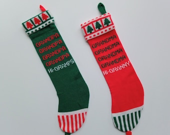 Grandma and Grandpa Knit Christmas Stockings - Red and Green