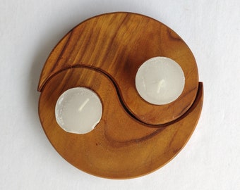 Camphor Wood Carved Ying Yang Tea Light Candleholders