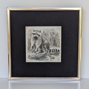 May include: A framed black and white illustration of a raccoon sitting near tall grass and a small frog. The artwork is set against a black background within a silver-colored frame.
