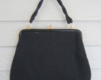 50s Black Beaded Top Handle Handbag Bag