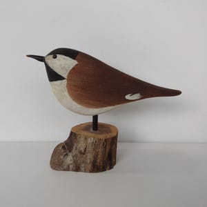 Wood Black Capped Chickadee Bird Sculpture - Signed and dated