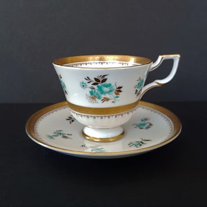 Royal Tuscan English Fine Bone China Teacup and Saucer Set - Aqua Gold White