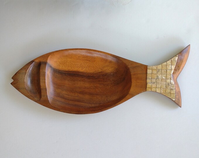 Solid Teak Wood Fish Serving Tray With Mosaic Shell Fin Etsy