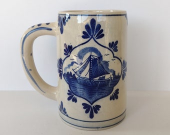 Lovely Tall Delft Blue Mug or Tankard - Ship and Windmill Design