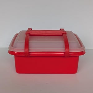 Può includere: Un contenitore rettangolare rosso per la conservazione degli alimenti con coperchio trasparente e manico rosso. Il contenitore ha una base rossa e un coperchio trasparente. Il coperchio è fissato da una cinghia rossa.