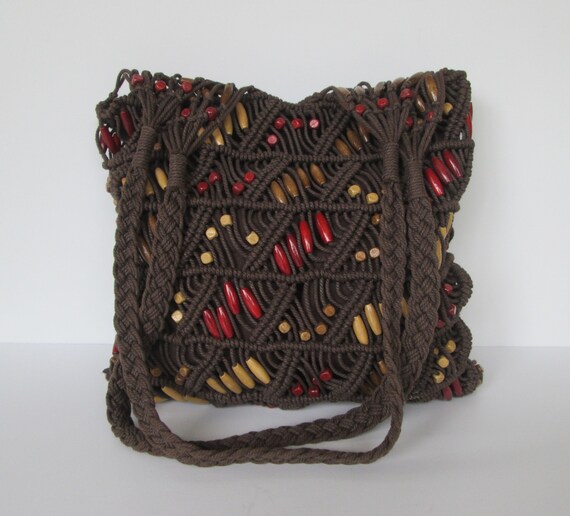 Woven Brown Wood Beaded Shoulder Bag