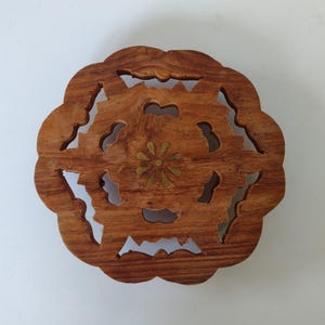 Carved Wood Trivet from India with Brass Inlay