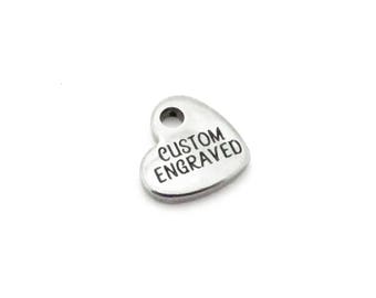 10mm x 1.5mm Heart Brushed Stainless Steel Charm - Custom Engraved Black - 1.7 mm Hole - Front and Back - Personalized - DIY - Tag