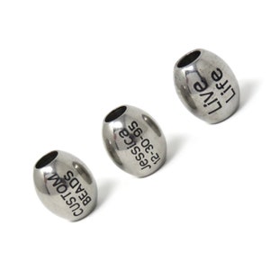 15 x 13mm Oval Stainless Steel Beads - Custom Engraved Metal Marked Black - Large 5.5mm Hole - Personalized - Names, Words, Symbols, Logos