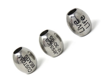 15 x 13mm Oval Stainless Steel Beads - Custom Engraved Metal Marked Black - Large 5.5mm Hole - Personalized - Names, Words, Symbols, Logos