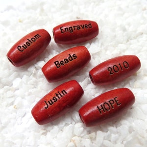 16 x 7 mm - Red - Orange - Rust Wood Oval Melon Shaped Beads - Custom Laser Engraved - PERSONALIZED
