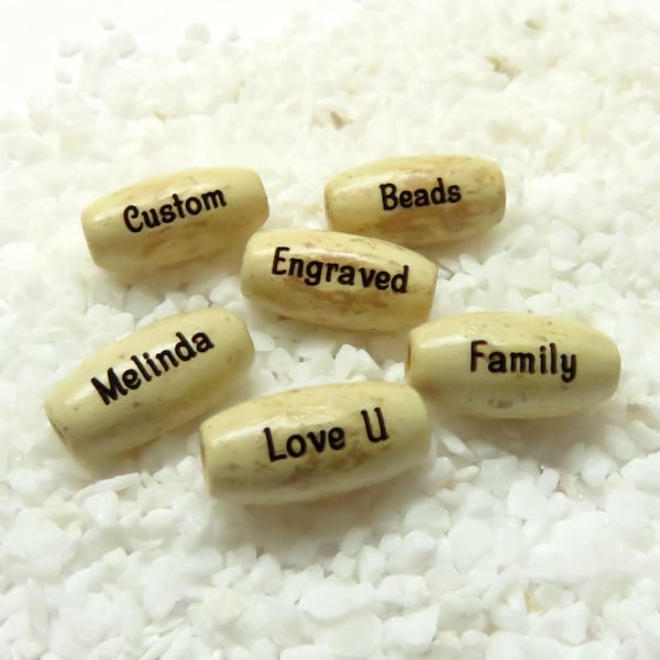 16 x 7 mm Speckled Off White Wood Oval Melon Shaped Beads - Custom Laser Engraved - 5/8 inch
