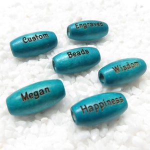 16 x 7 mm - Turquoise Blue Wood Oval Melon Shaped Beads - Custom Laser Engraved - PERSONALIZED