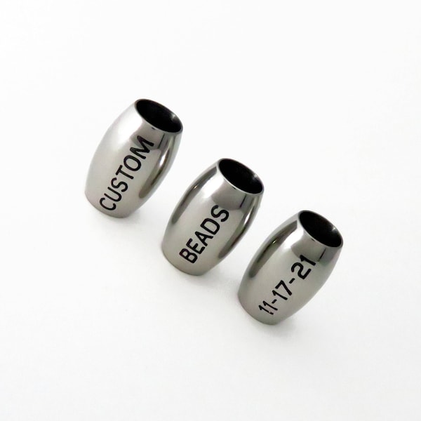 15mm x 10mm Oval Stainless Steel Beads - Custom Engraved Metal Marked Black - Large 6mm Hole - Personalized - Names, Words, Symbols, Logos