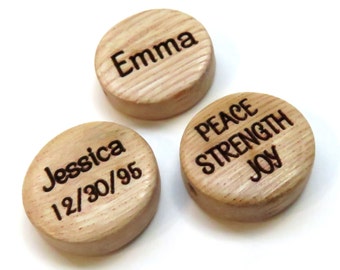 15mm - Wood Grain Flat Round Coin Wood Beads - Custom Engraved - Rosewood - Words, Names, Dates, Logo