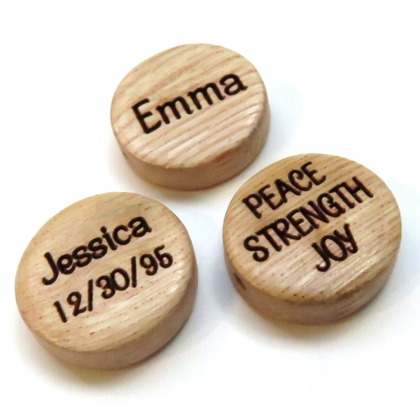 15mm - Wood Grain Flat Round Coin Wood Beads - Custom Engraved - Rosewood - Words, Names, Dates, Logo