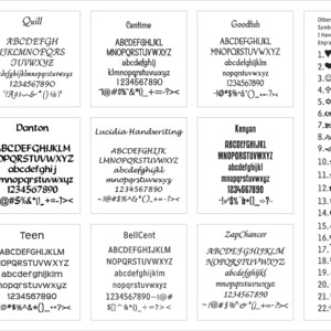 May include: A chart of different fonts and symbols. The fonts are named Quill, Centime, Goodfish, Danton, Lucidia Handwriting, Kenyan, Teen, BellCent, and ZapChancer. The symbols include a heart, a smiley face, a plus sign, a star, a flower, a circle with a dot in the center, a swirl, a star with a circle around it, a gear, a yin yang symbol, an om symbol, an infinity symbol, a flower with a circle around it, a skull and crossbones, a crown, and a lotus flower.