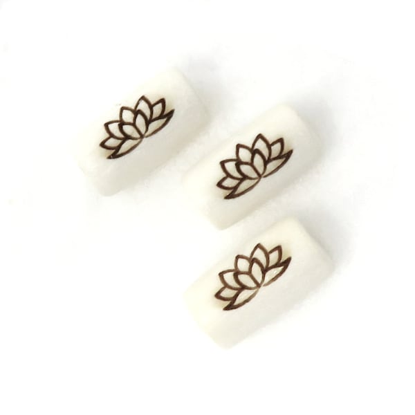 15 x 7mm - Light Off White Grain TUBE Beads - Laser Engraved - 2mm large hole - Choose from 5 different lotus flowers and the OM symbol