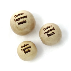 UNFINISHED 8mm, 10mm, 12mm, 14mm, 16mm & 20mm Round Light Natural Wood Beads - Custom Engraved - Names, Symbols, Numbers, Logos Choose Font