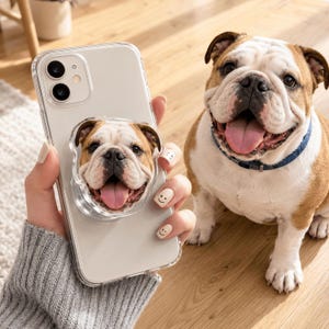 Könnte beinhalten: Eine transparente Smartphone-Hülle mit einem runden Griffaufsatz, der mit dem Gesicht einer braun-weißen Bulldogge bedruckt ist. Die Bulldogge hat ein faltiges Gesicht, dunkle Augen und ein offenes Maul mit heraushängender Zunge, passend zum Hund.
